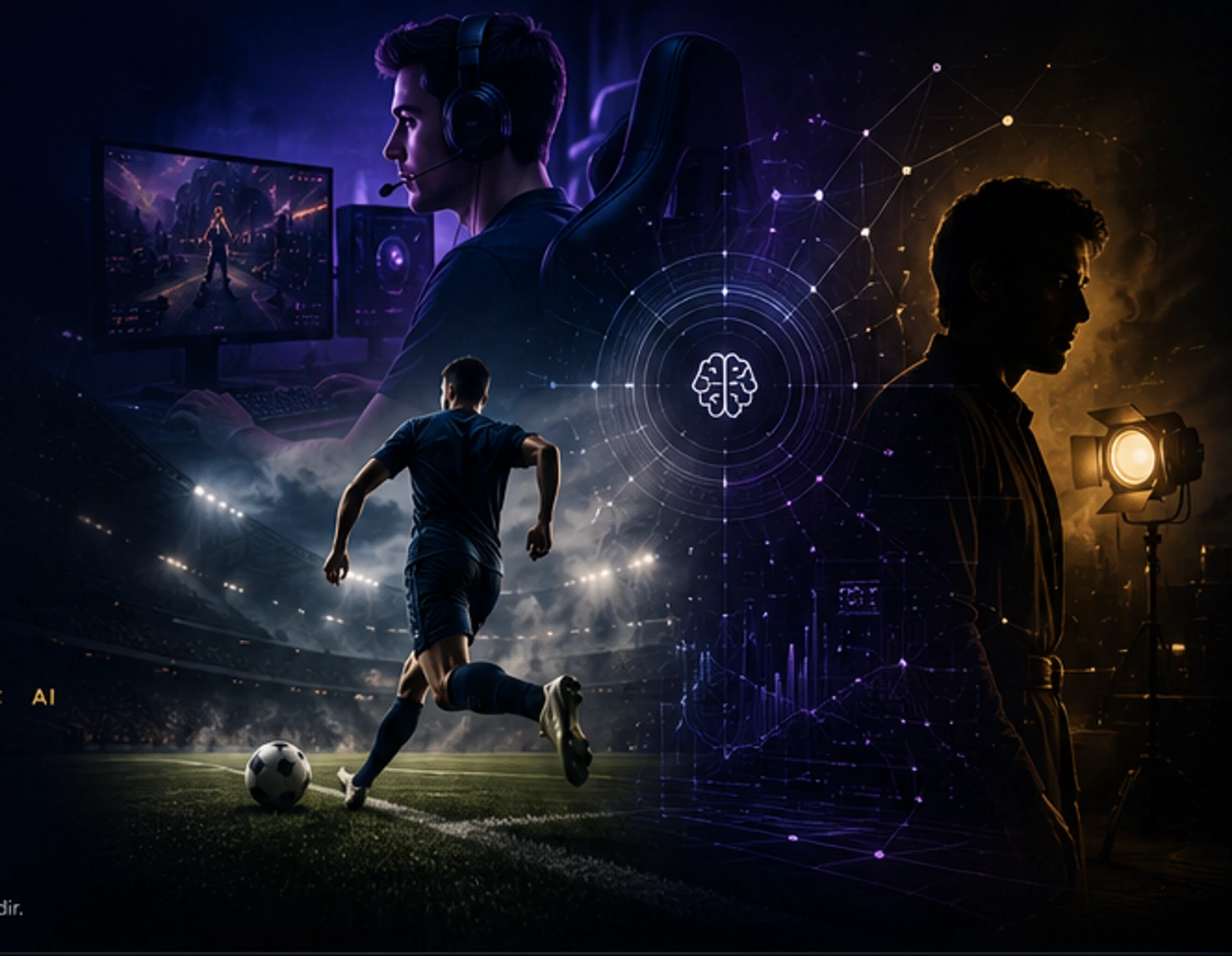 Gaming, futbol, entertainment ve yapay zekâyı temsil eden sinematik özgün görsel